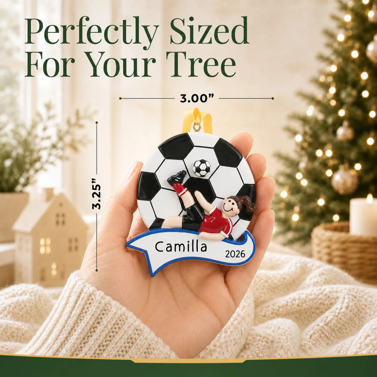 Size guide: the personalized soccer kick girl christmas ornament is 3.00 in wide by 3.25 in tall, shown in hand