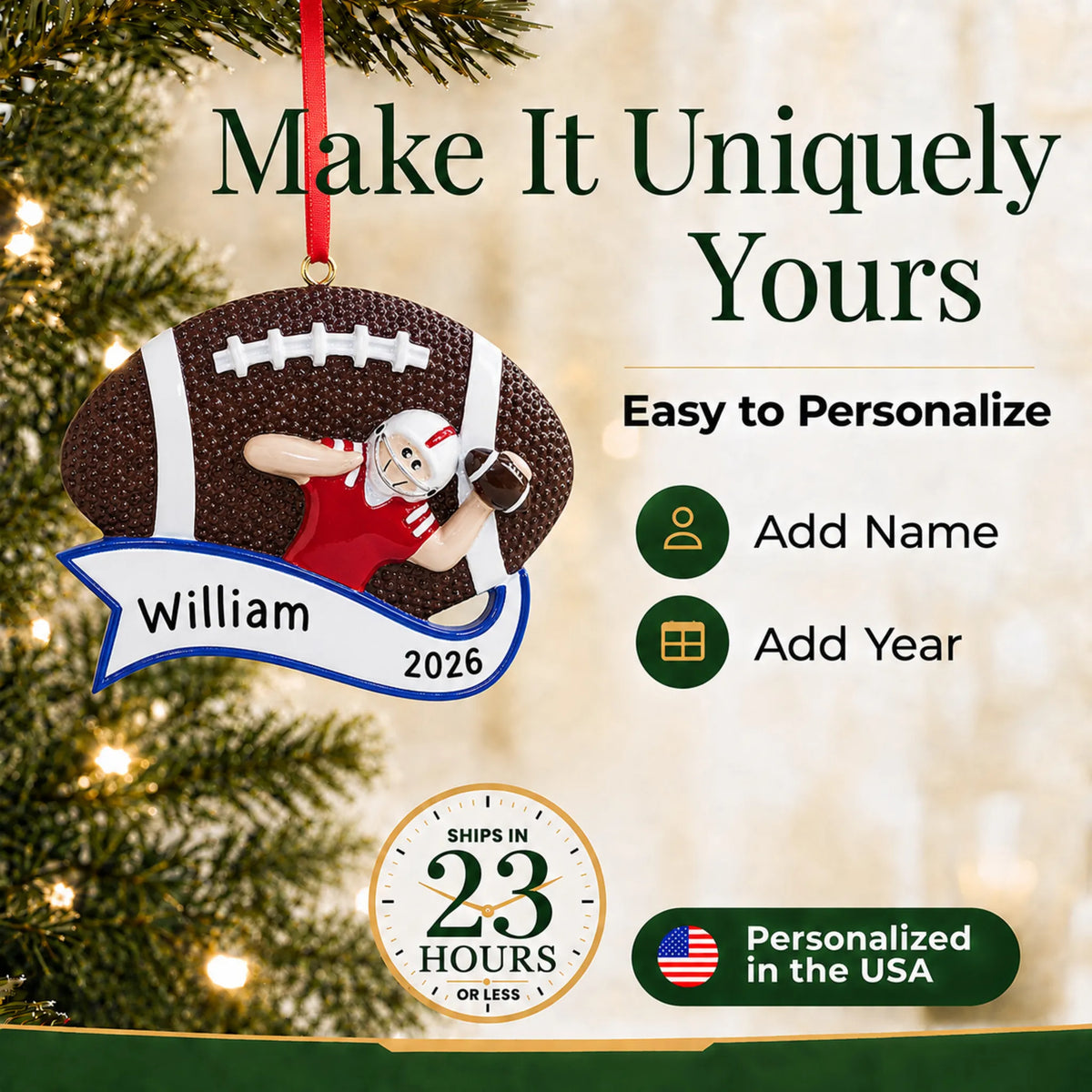 Make it yours: add name and year to the personalized football quarterback christmas ornament
