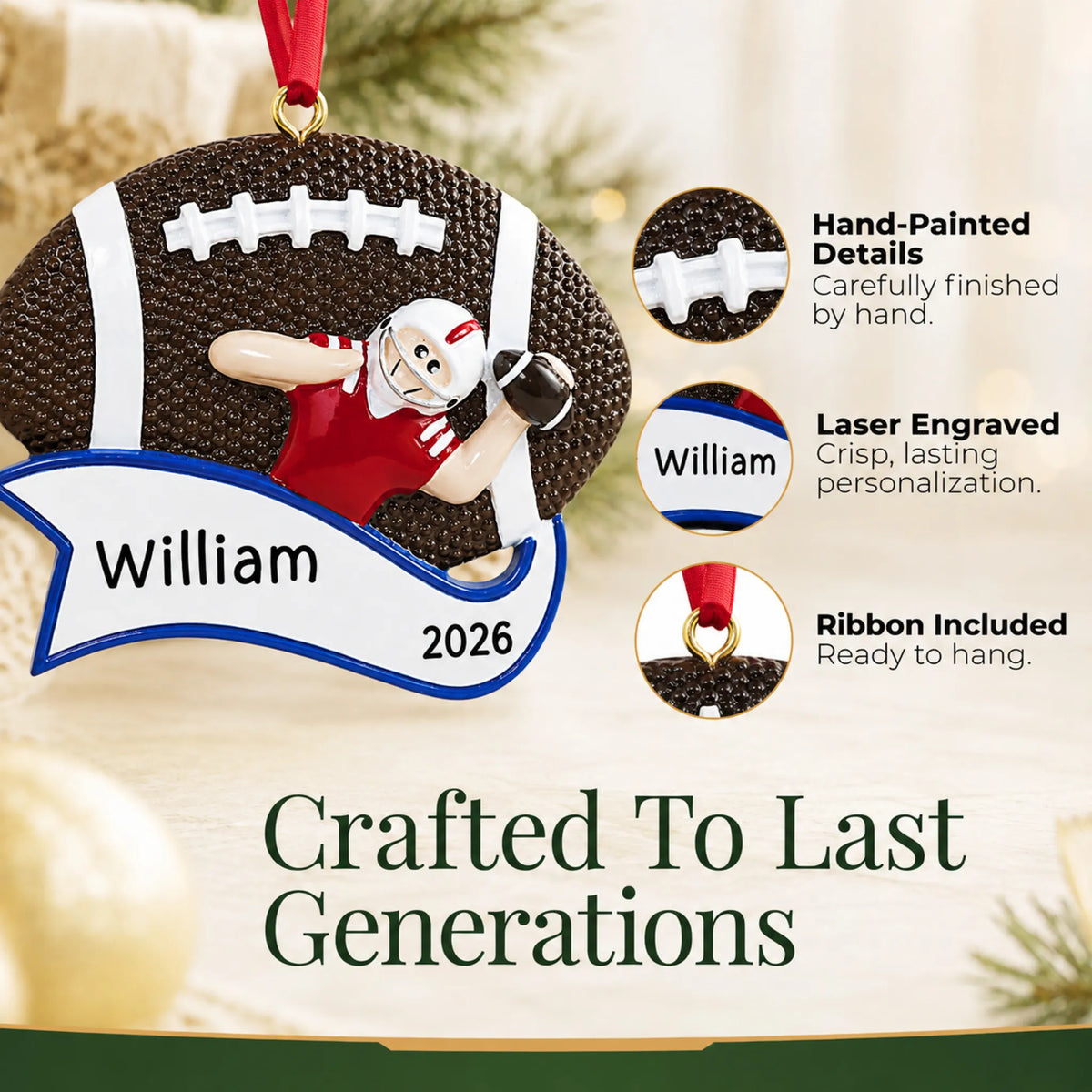Hand-painted details and laser engraved personalization on the football quarterback christmas ornament, ribbon included