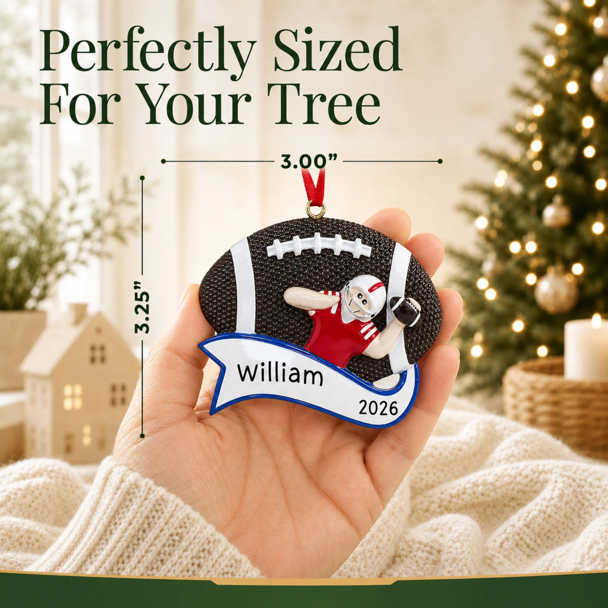 Size guide: the personalized football quarterback christmas ornament is 3.00 in wide by 3.25 in tall, shown in hand