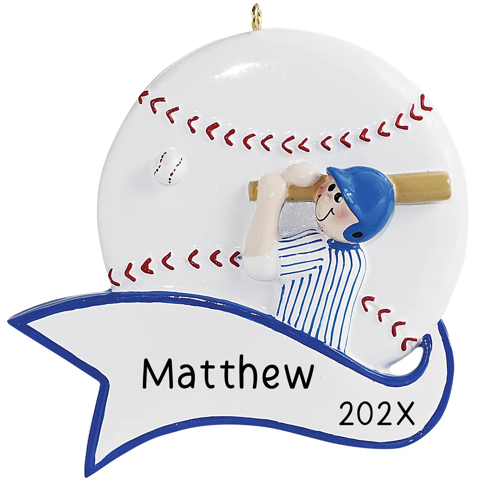 A personalized Christmas ornament featuring a baseball player in blue and white striped uniform with a red and white baseball bat, swinging at a ball. The ornament has a white background with a banner that reads 'Matthew 202x'.