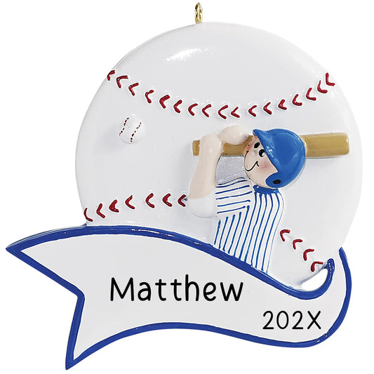 A personalized Christmas ornament featuring a baseball player in blue and white striped uniform with a red and white baseball bat, swinging at a ball. The ornament has a white background with a banner that reads 'Matthew 202x'.
