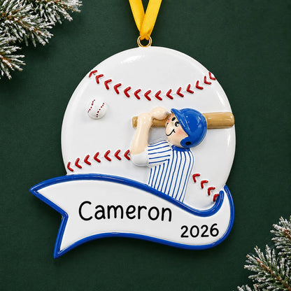 Personalized baseball boy swing christmas ornament on a dark green pine background