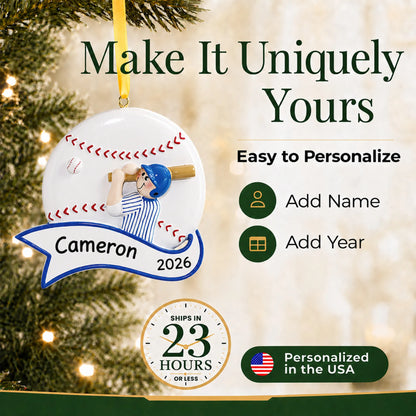Make it yours: add name and year to the personalized baseball boy swing christmas ornament