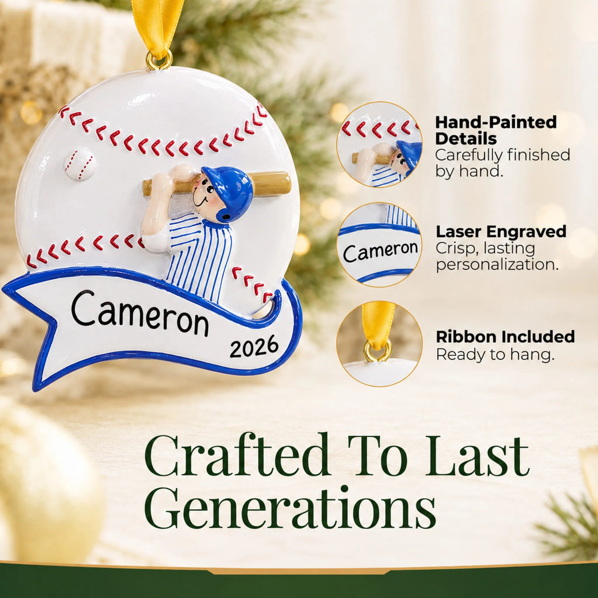 Hand-painted details and laser engraved personalization on the baseball boy swing christmas ornament, ribbon included