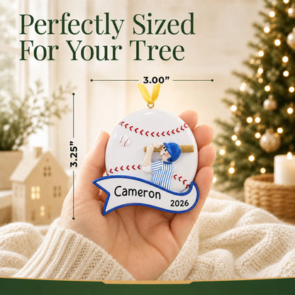 Size guide: the personalized baseball boy swing christmas ornament is 3.00 in wide by 3.25 in tall, shown in hand