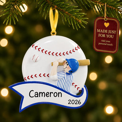 Baseball boy swing christmas ornament hanging on a lit Christmas tree with a Made Just For You gift tag
