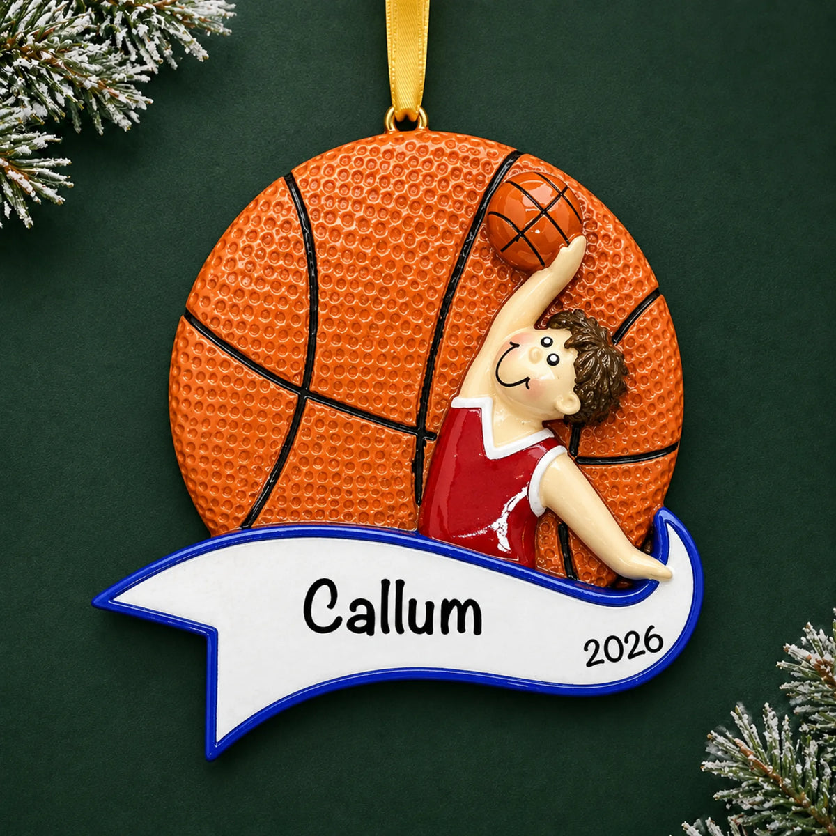 Personalized basketball dunk boy christmas ornament on a dark green pine background