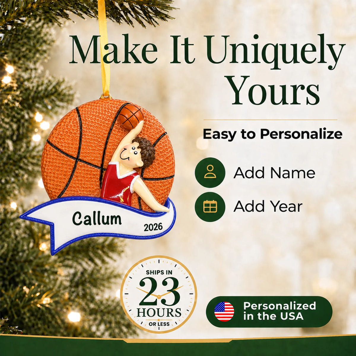 Make it yours: add name and year to the personalized basketball dunk boy christmas ornament