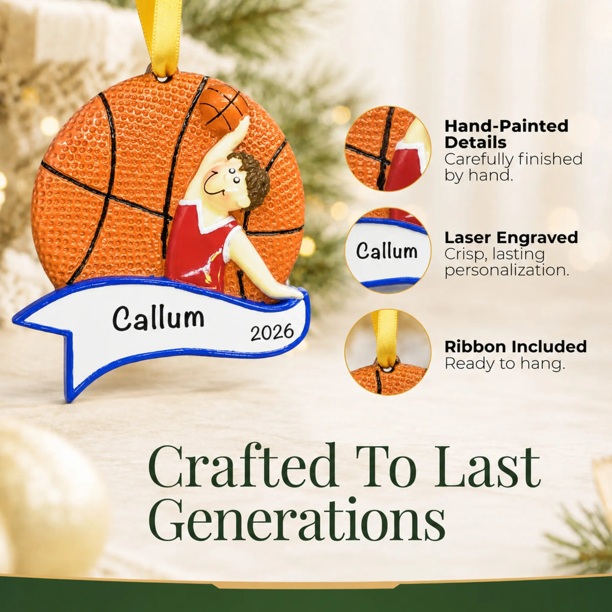 Hand-painted details and laser engraved personalization on the basketball dunk boy christmas ornament, ribbon included