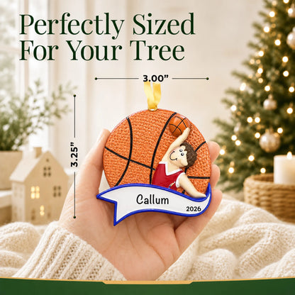 Size guide: the personalized basketball dunk boy christmas ornament is 3.00 in wide by 3.25 in tall, shown in hand