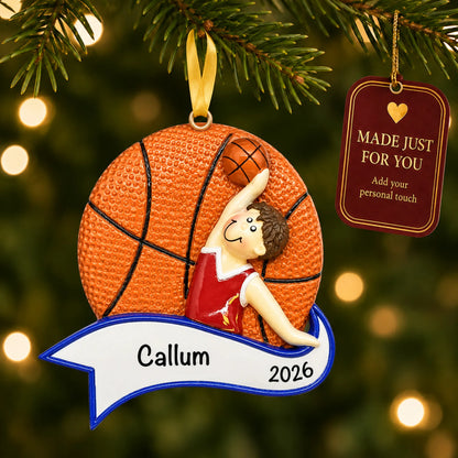 Basketball dunk boy christmas ornament hanging on a lit Christmas tree with a Made Just For You gift tag