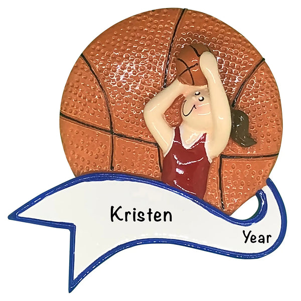 Adorno navideño de niña con tiro de baloncesto