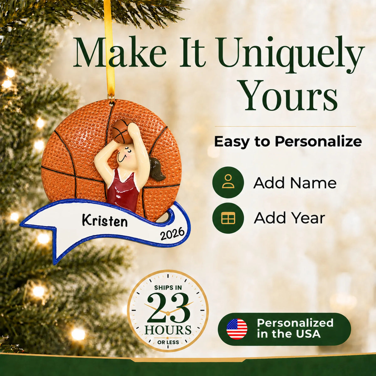 Make it yours: add name and year to the personalized basketball shot girl christmas ornament