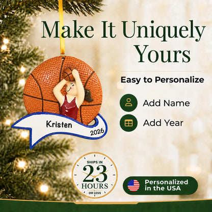 Make it yours: add name and year to the personalized basketball shot girl christmas ornament