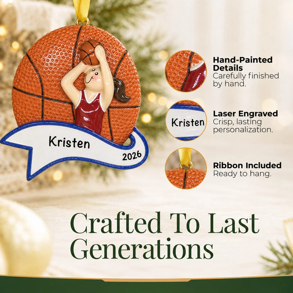 Hand-painted details and laser engraved personalization on the basketball shot girl christmas ornament, ribbon included