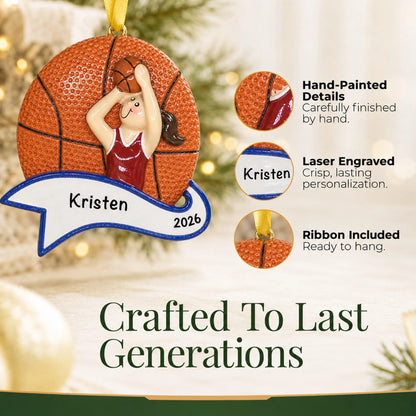 Hand-painted details and laser engraved personalization on the basketball shot girl christmas ornament, ribbon included