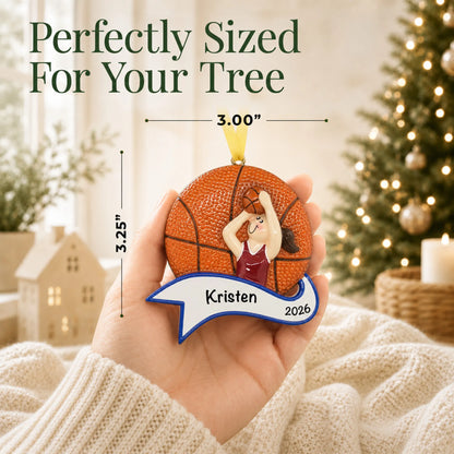 Size guide: the personalized basketball shot girl christmas ornament is 3.00 in wide by 3.25 in tall, shown in hand