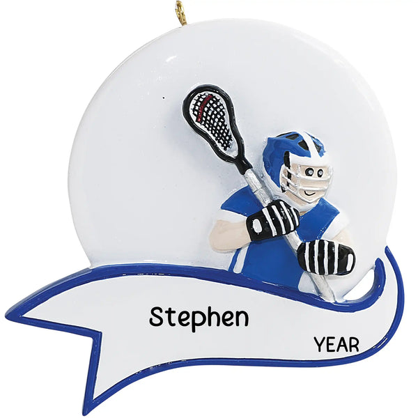 Personalized lacrosse ornament of a boy lacrosse player in a shooting pose wearing a helmet, gloves, and pads, with a custom name and year laser engraved
