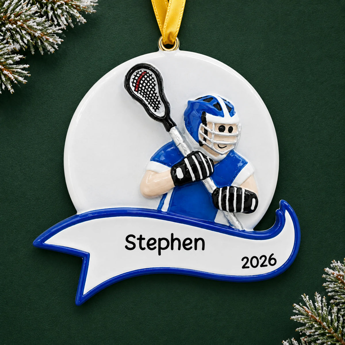 Personalized lacrosse shot boy christmas ornament on a dark green pine background