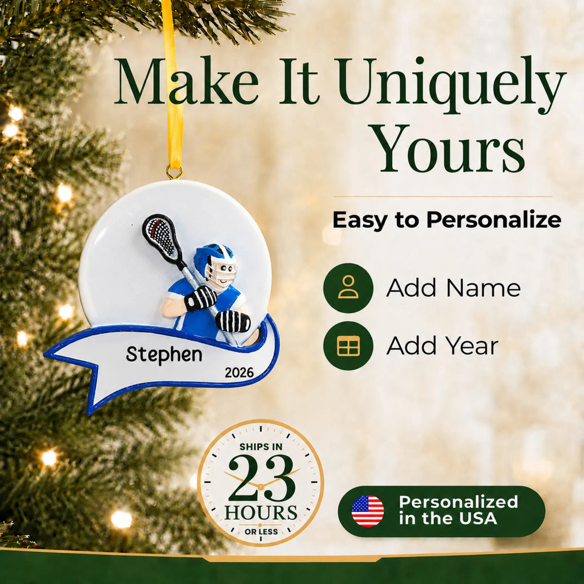 Make it yours: add name and year to the personalized lacrosse shot boy christmas ornament