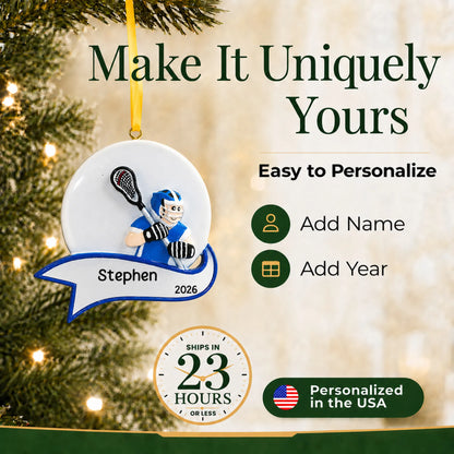 Make it yours: add name and year to the personalized lacrosse shot boy christmas ornament