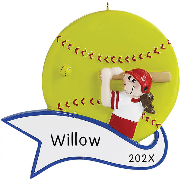 Personalized softball Christmas ornament showing a girl batter with a large softball and a banner, engraved with a custom name and year.