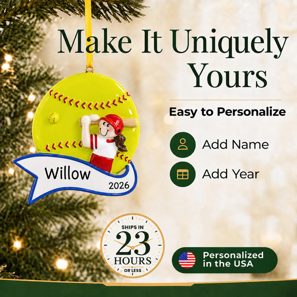 Make it yours: add name and year to the personalized softball batter girl christmas ornament