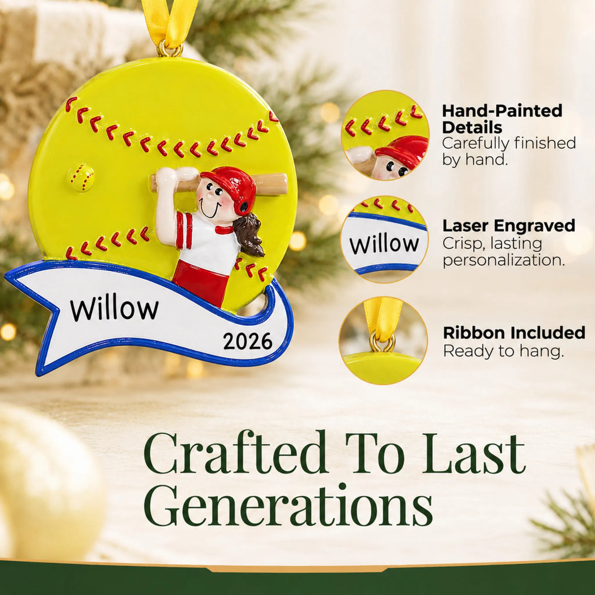 Hand-painted details and laser engraved personalization on the softball batter girl christmas ornament, ribbon included
