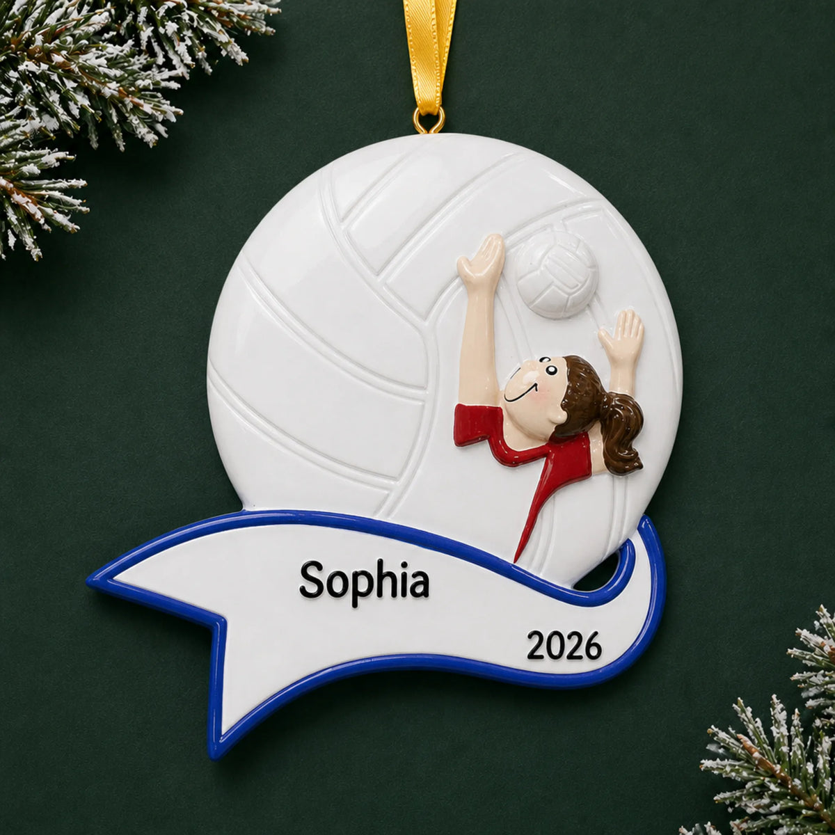Personalized volleyball serve girl christmas ornament on a dark green pine background