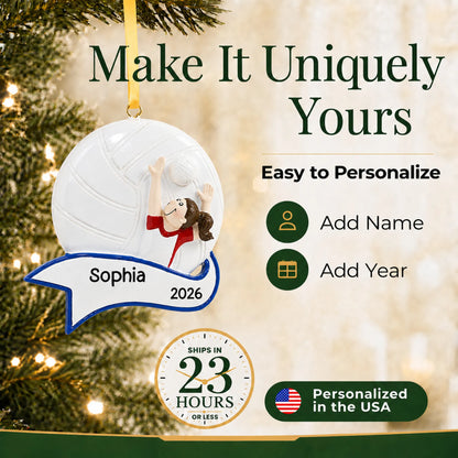 Make it yours: add name and year to the personalized volleyball serve girl christmas ornament