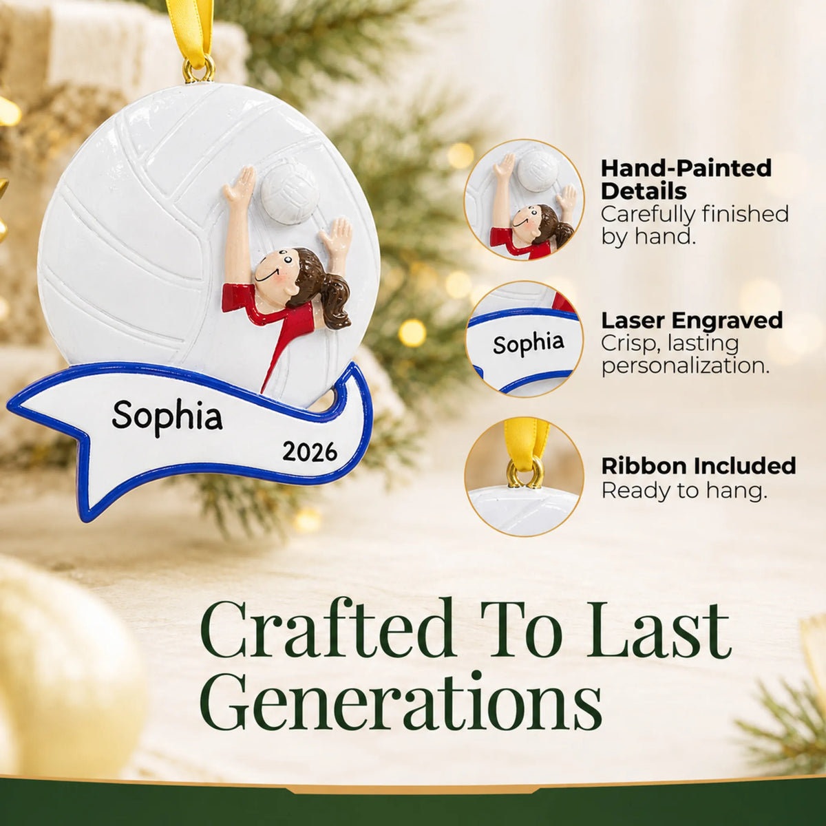 Hand-painted details and laser engraved personalization on the volleyball serve girl christmas ornament, ribbon included