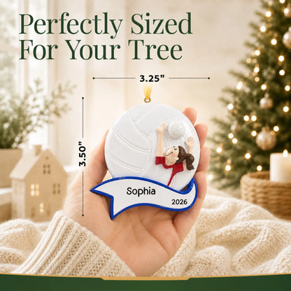 Size guide: the personalized volleyball serve girl christmas ornament is 3.25 in wide by 3.50 in tall, shown in hand