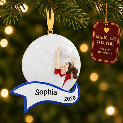 Volleyball serve girl christmas ornament hanging on a lit Christmas tree with a Made Just For You gift tag
