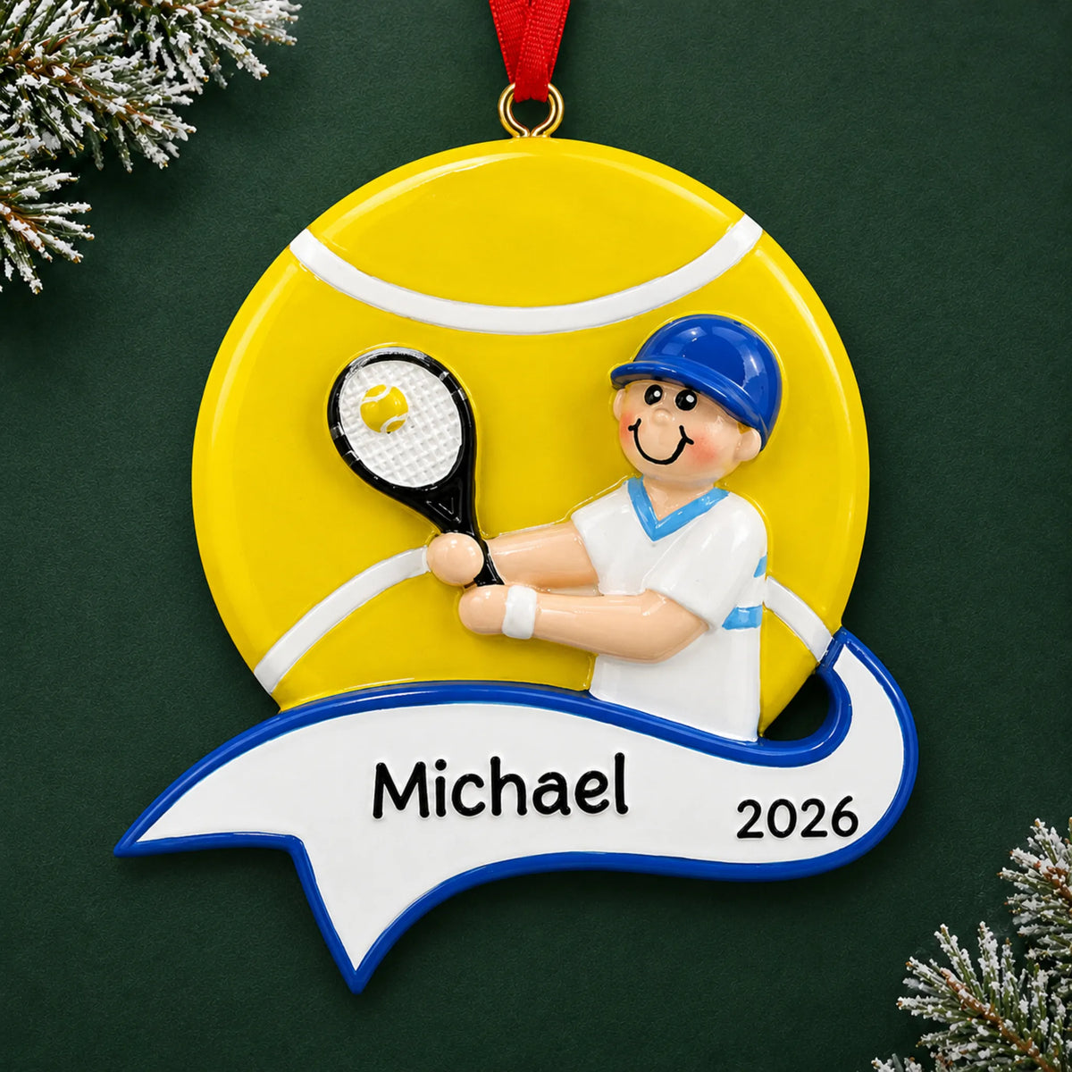 Personalized tennis boy christmas ornament on a dark green pine background