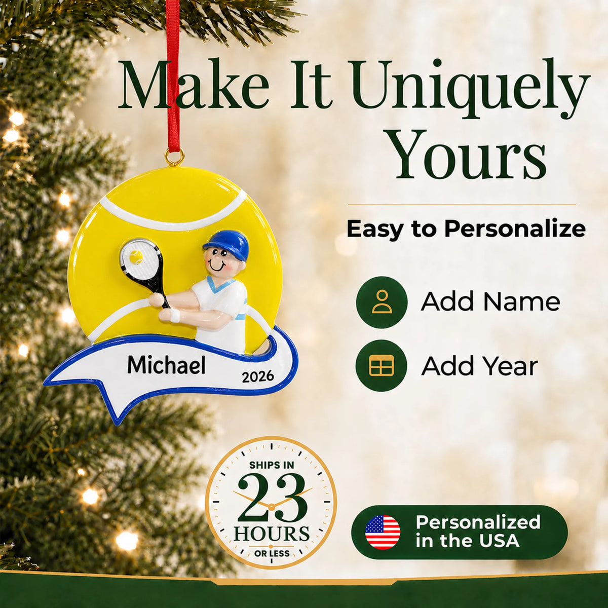 Make it yours: add name and year to the personalized tennis boy christmas ornament