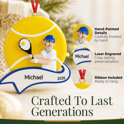 Hand-painted details and laser engraved personalization on the tennis boy christmas ornament, ribbon included