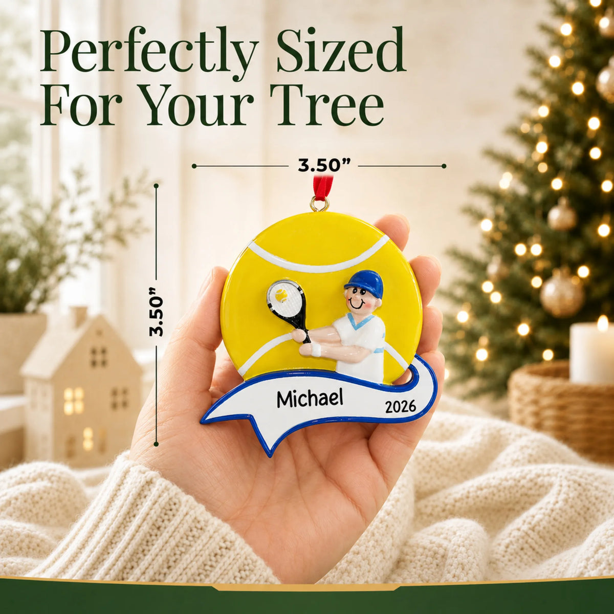 Size guide: the personalized tennis boy christmas ornament shown in hand next to a Christmas tree