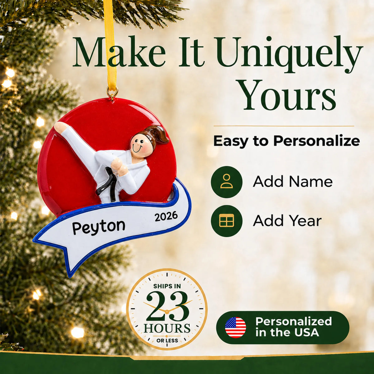 Make it yours: add name and year to the personalized karate kick girl christmas ornament
