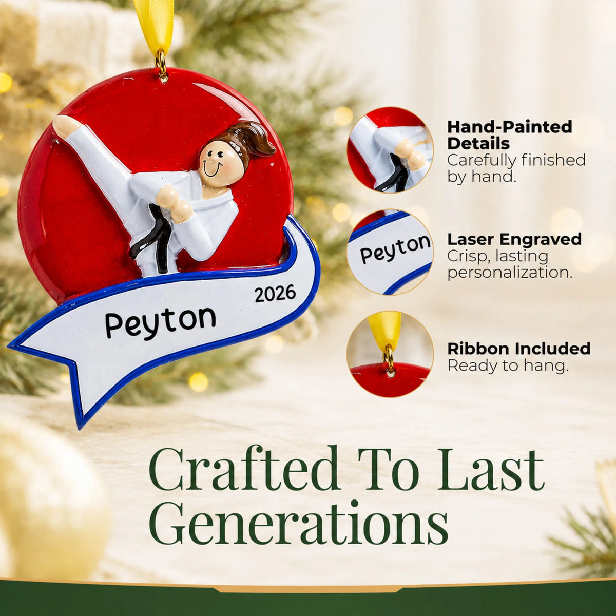 Hand-painted details and laser engraved personalization on the karate kick girl christmas ornament, ribbon included