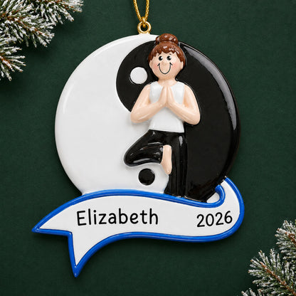 Personalized yoga yin and yang christmas ornament on a dark green pine background