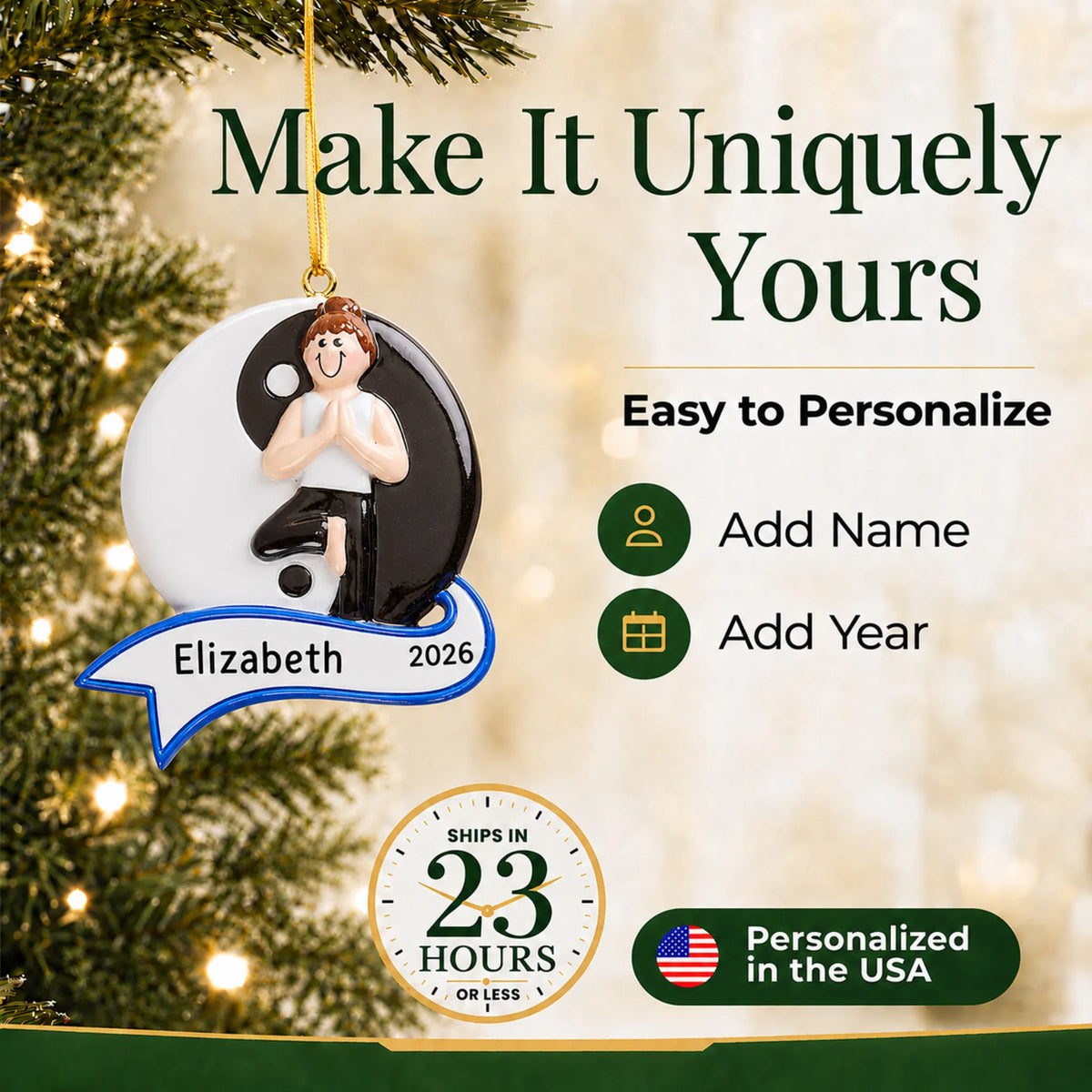 Make it yours: add name and year to the personalized yoga yin and yang christmas ornament