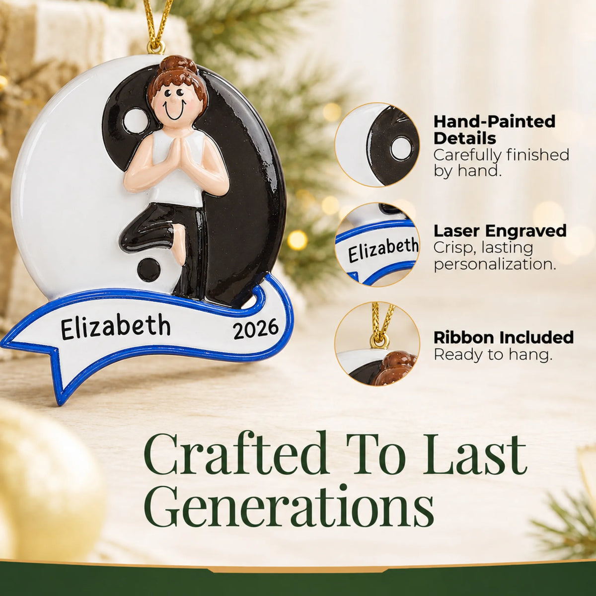 Hand-painted details and laser engraved personalization on the yoga yin and yang christmas ornament, ribbon included