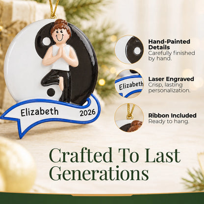 Hand-painted details and laser engraved personalization on the yoga yin and yang christmas ornament, ribbon included