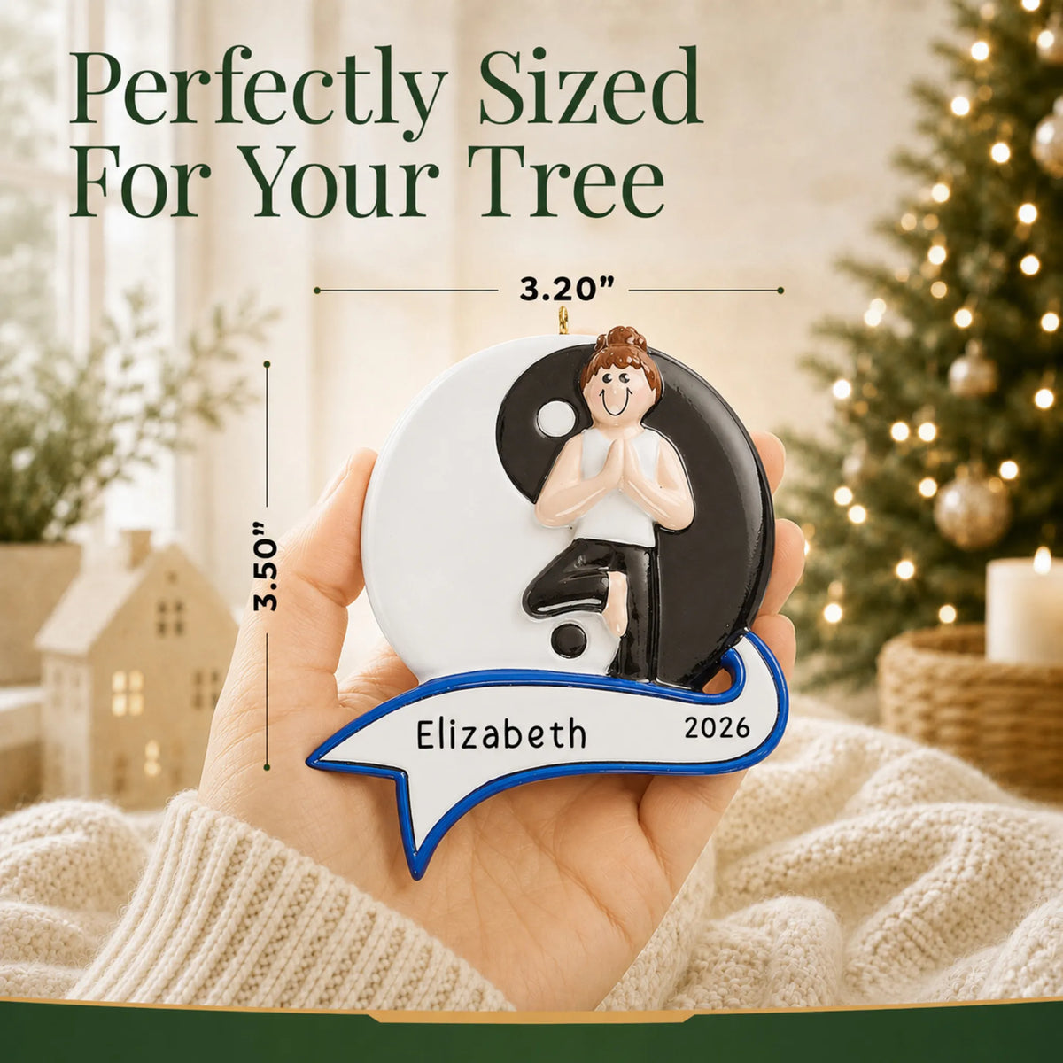 Size guide: the personalized yoga yin and yang christmas ornament is 3.20 in wide by 3.50 in tall, shown in hand