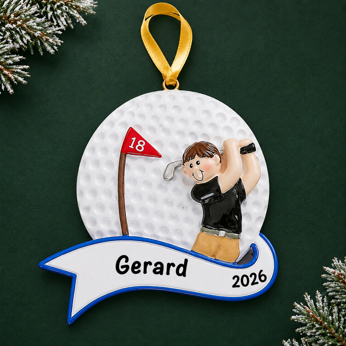 Personalized golfer swing guy christmas ornament on a dark green pine background