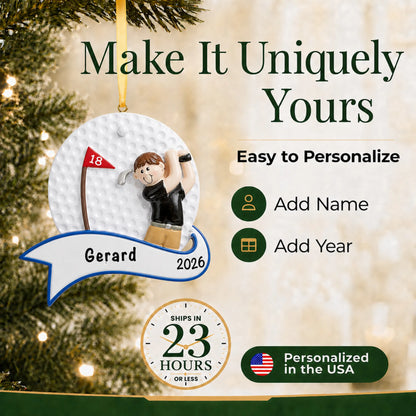 Make it yours: add name and year to the personalized golfer swing guy christmas ornament