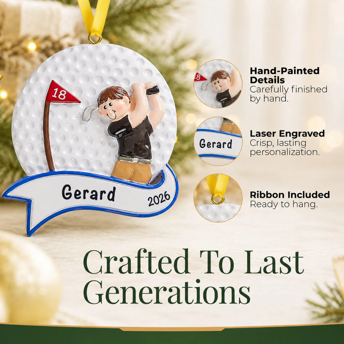 Hand-painted details and laser engraved personalization on the golfer swing guy christmas ornament, ribbon included
