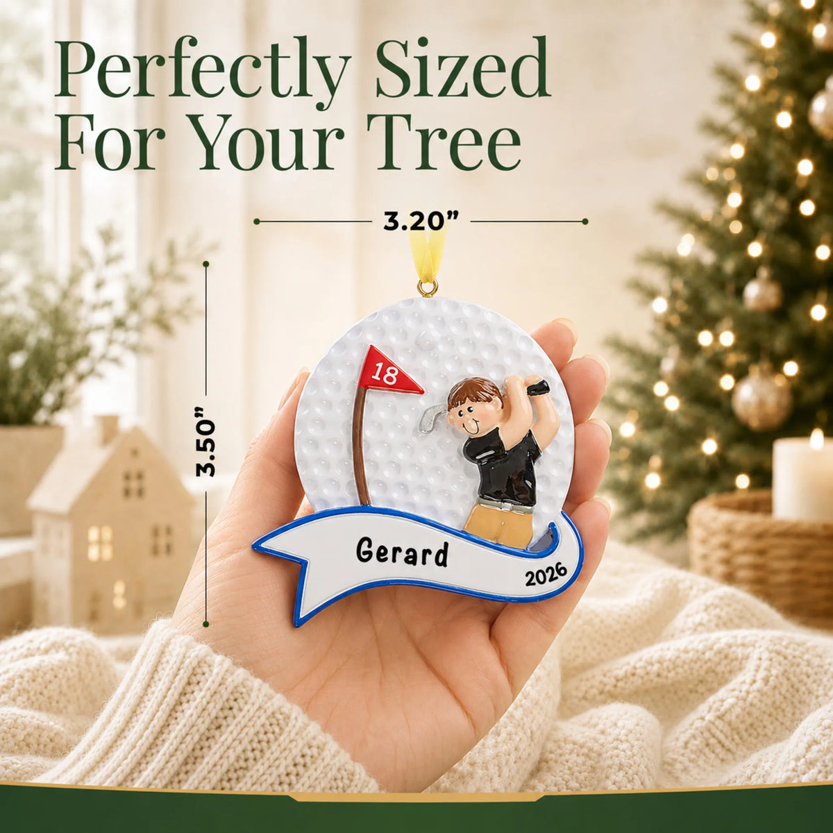 Size guide: the personalized golfer swing guy christmas ornament shown in hand next to a Christmas tree
