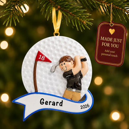 Golfer swing guy christmas ornament hanging on a lit Christmas tree with a Made Just For You gift tag